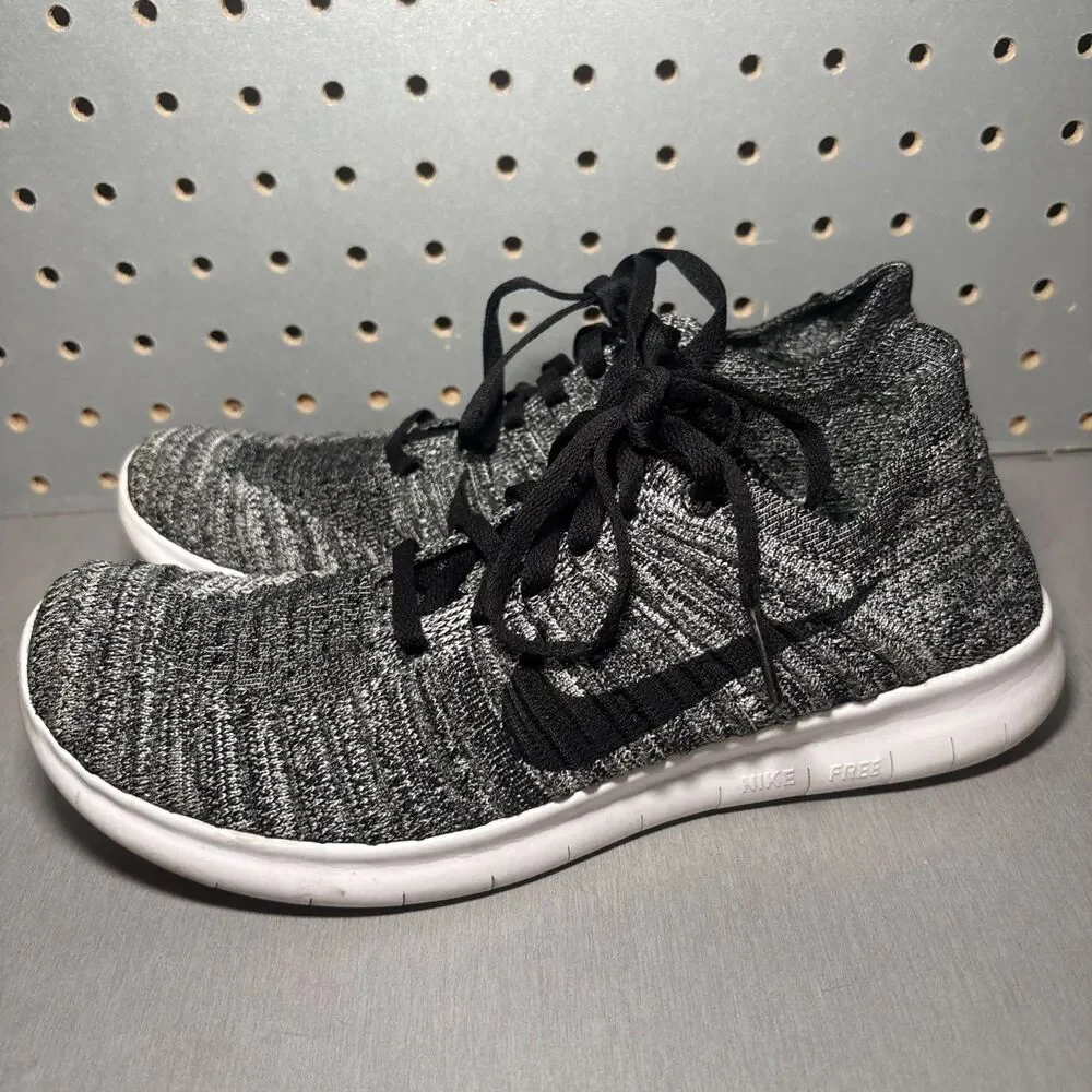 Nike Free RN Flyknit Running Shoes Mens Sz 6 Womens Sz 7.5 Black White Oreo